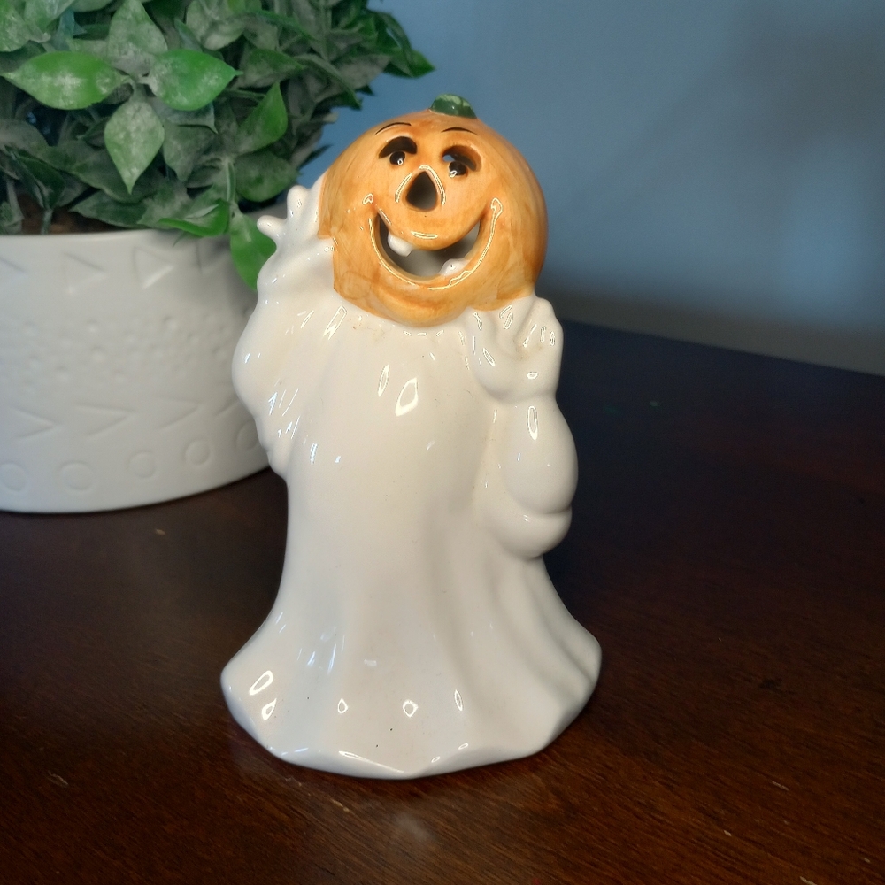 Vintage  Ghost Pumpkin Head  Luminary 90s Ceramic Halloween Decor Votive Holder